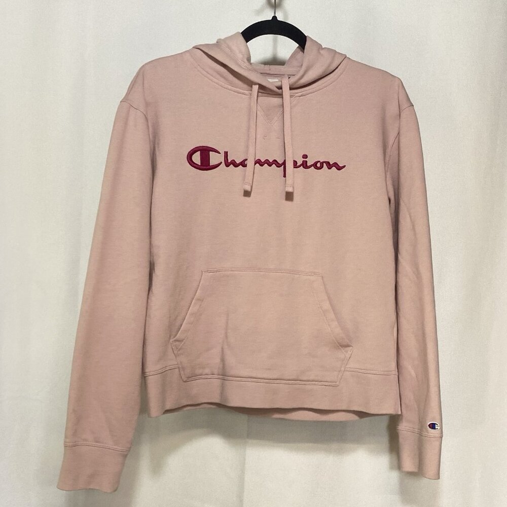 Champion Women’s Medium M Pink Cropped Hoodie Kangaroo Pocket Fleece Lined